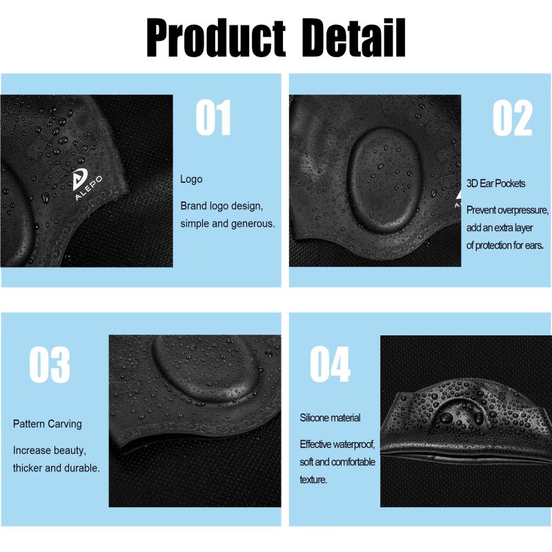 Alepo 2 Pack Unisex Swim Caps with 3D Ear Protection, Durable Flexible Silicone Swimming Hats for Women Men Kids Adults, Bathing Swimming Caps for Short/Long Hair with Ear Plugs&Nose Clip - Image 2